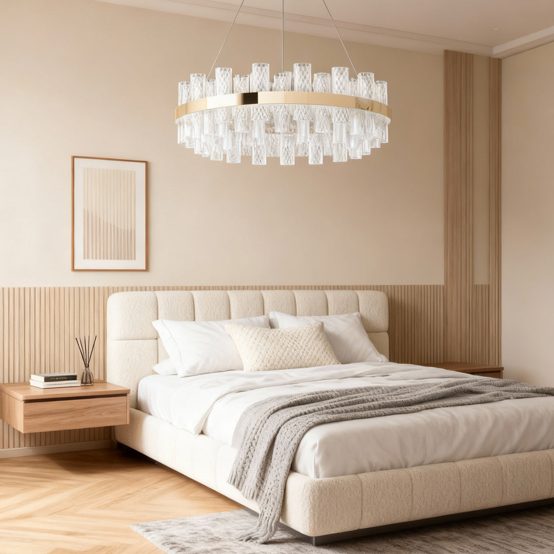 Modern led lighting chandelier providing focal lighting in elegant bedroom with tufted headboard and mid-century nightstands