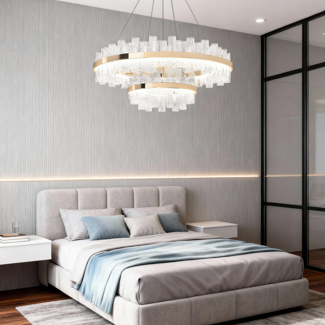 Modern led lighting chandelier creating sophisticated atmosphere in minimalist bedroom with gray textured walls and platform bed