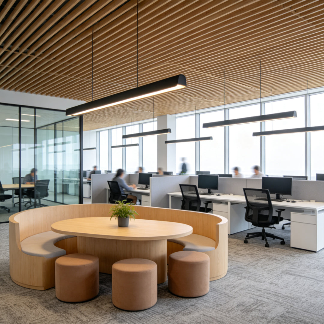Modern LED linear suspension light creating clean illumination in a collaborative office space.