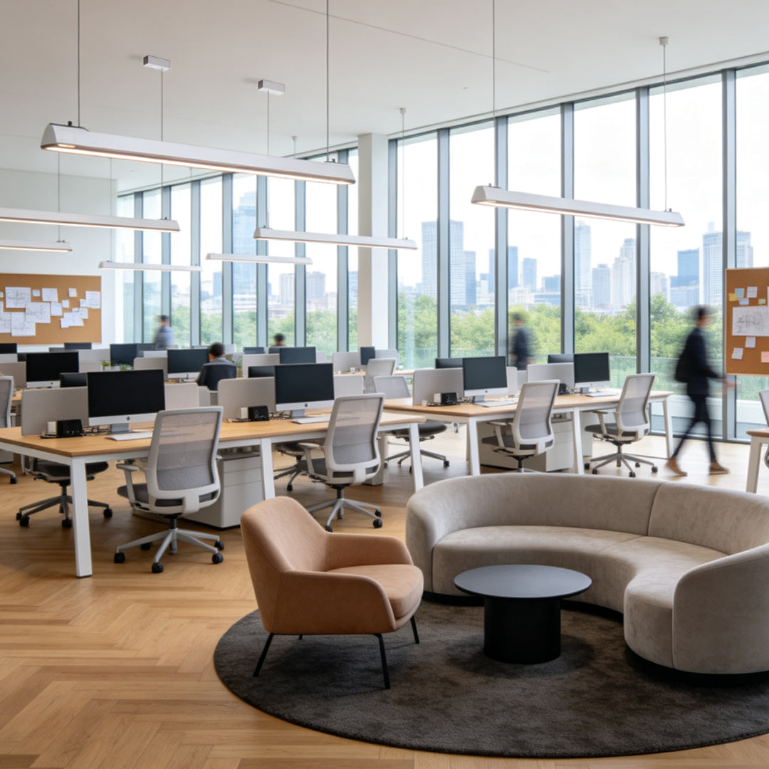Modern LED linear suspension lighting enhancing a stylish collaborative workspace interior.