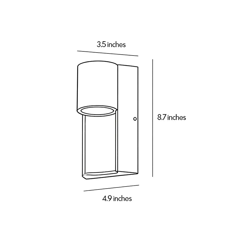 Modern LED outdoor wall light dimension guide showing the compact cylindrical fixture size and wall projection.