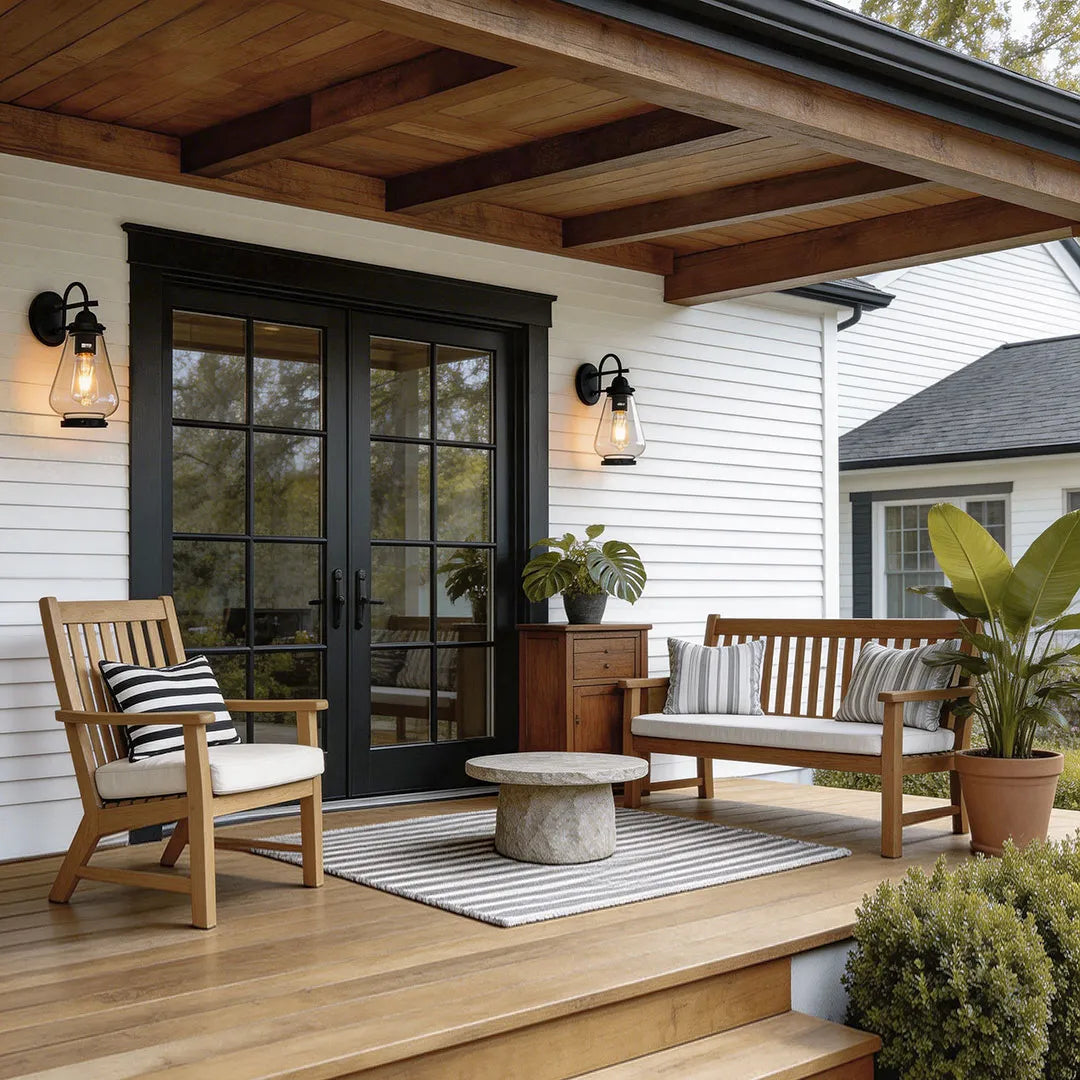 Modern LED outdoor wall light mounted beside large glass doors on a contemporary house exterior.