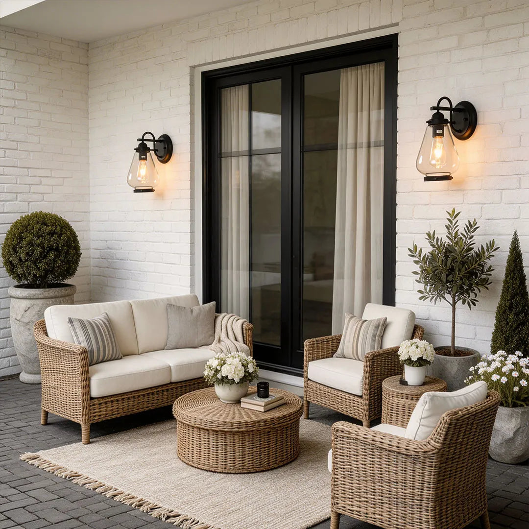 Modern LED outdoor wall light installed beside French doors for warm patio and dining area lighting.