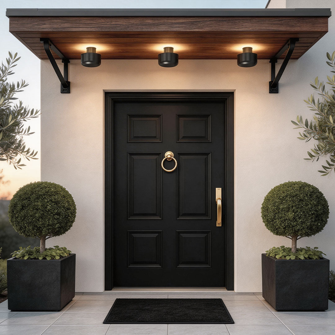 Sleek modern LED outdoor wall lights mounted above a black door with potted plants.