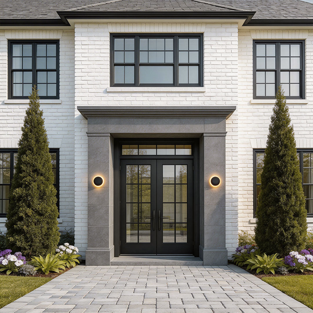 Modern LED outdoor wall lights installed on either side of a glass door in a contemporary home.