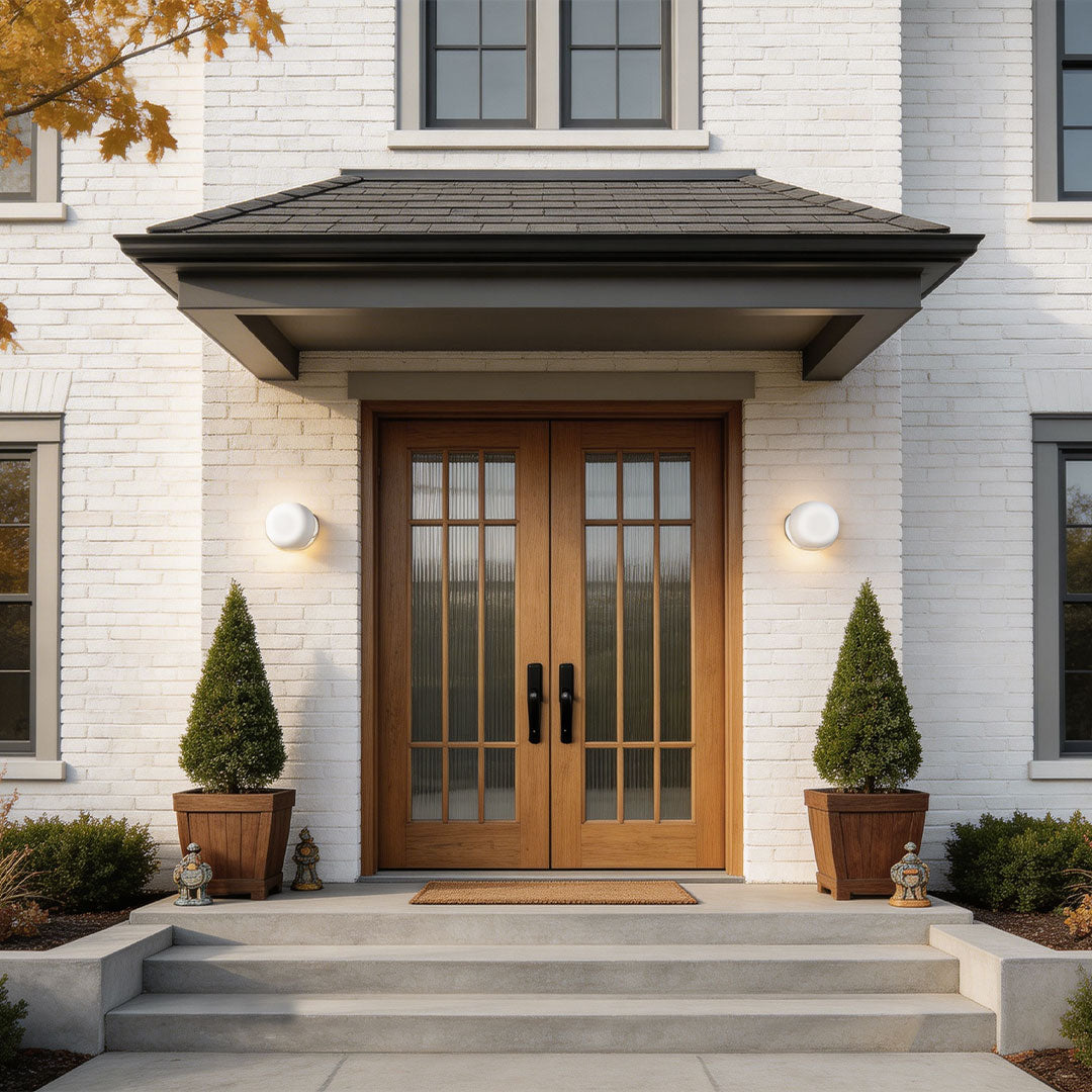 Modern LED outdoor wall lights illuminating the entrance of a white brick house with wooden doors.