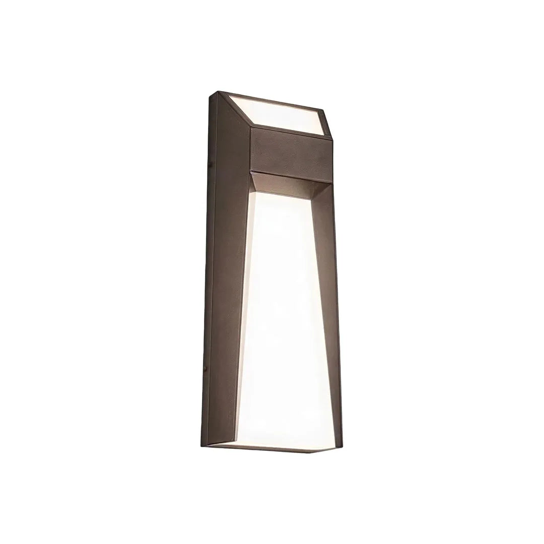 Modern LED outdoor wall mount lighting with a compact tapered body and bright central diffuser.