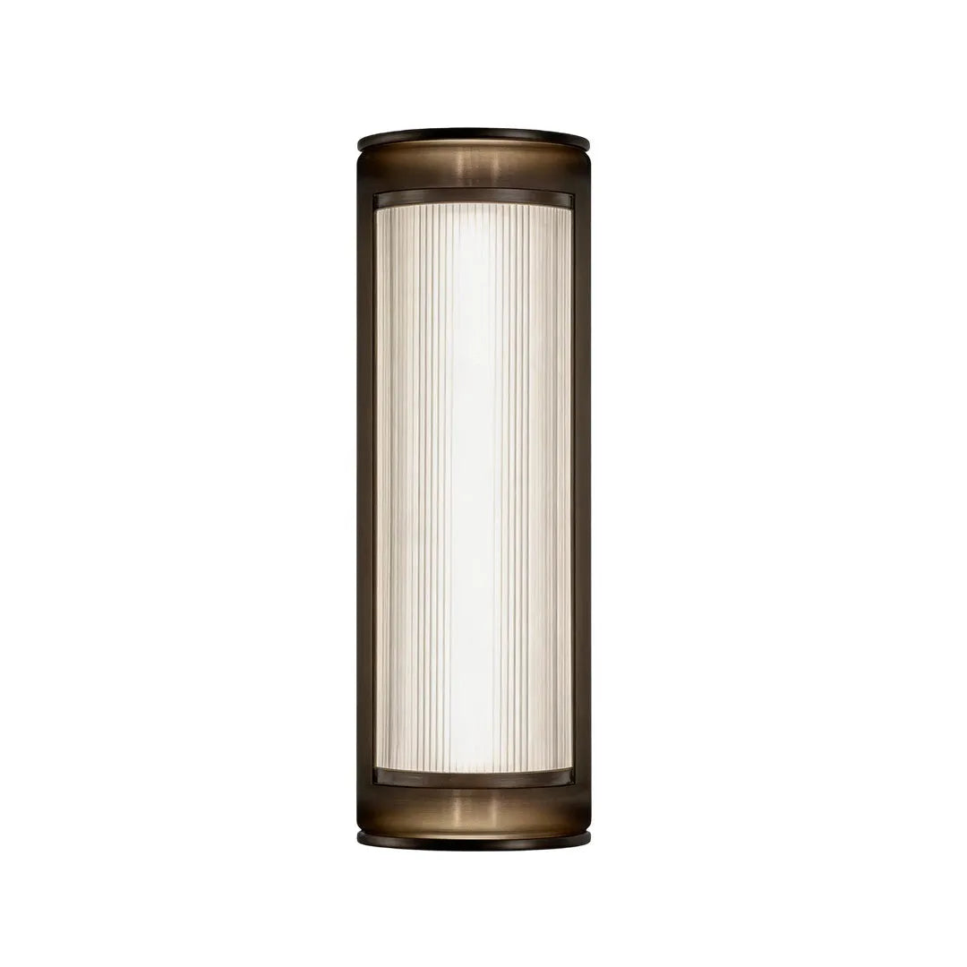Modern LED outdoor wall sconces with bronze finish and frosted vertical diffuser.