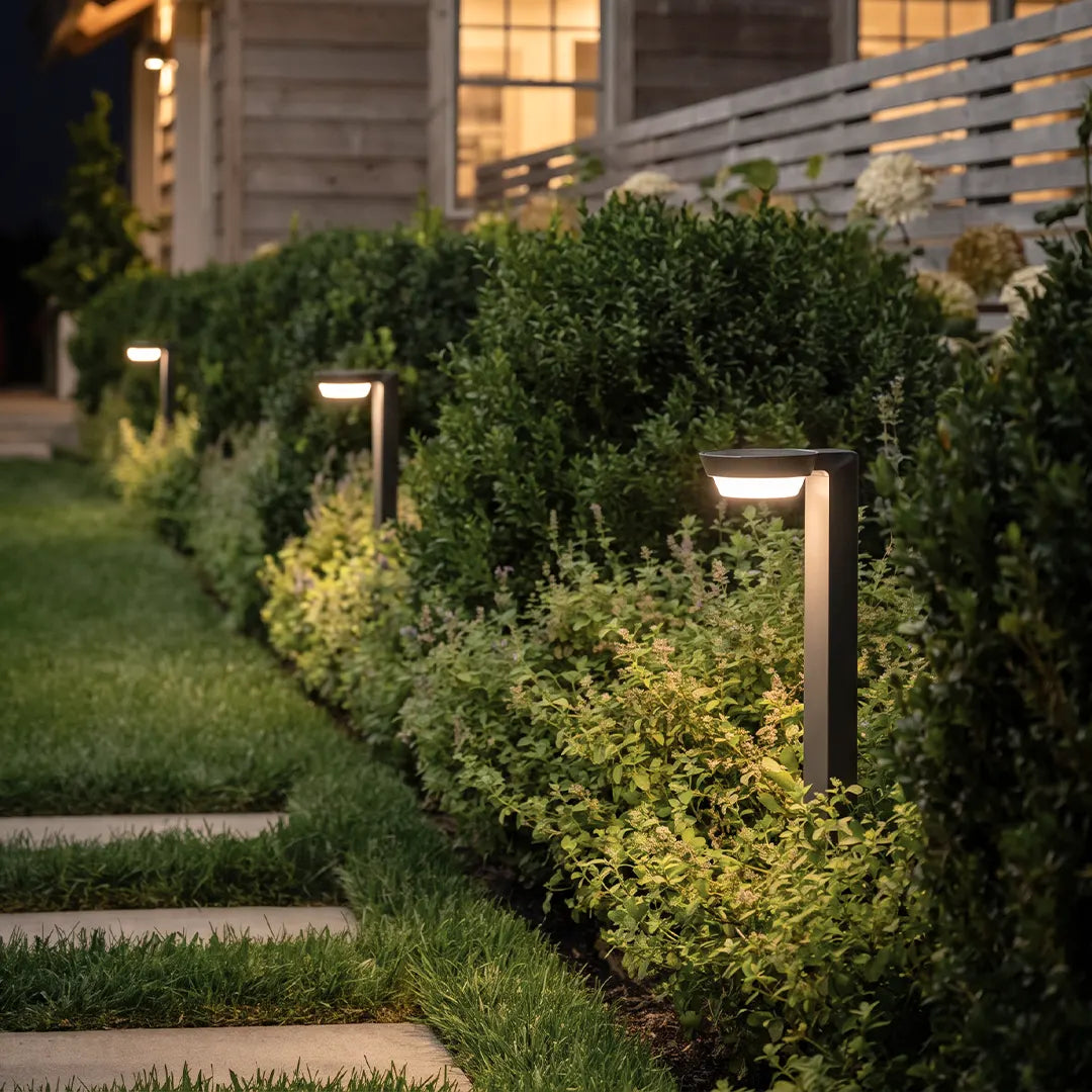Modern LED path lighting installed along a lawn edge and shrub border beside a residential walkway at night.