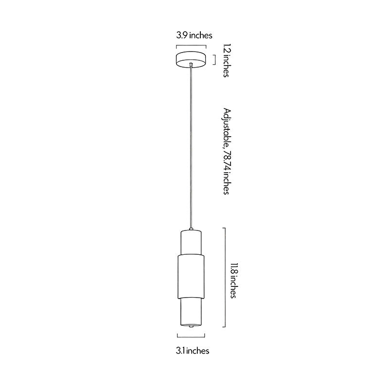 Modern LED pendant lights dimension drawing showing fixture height, width, and adjustable hanging length.