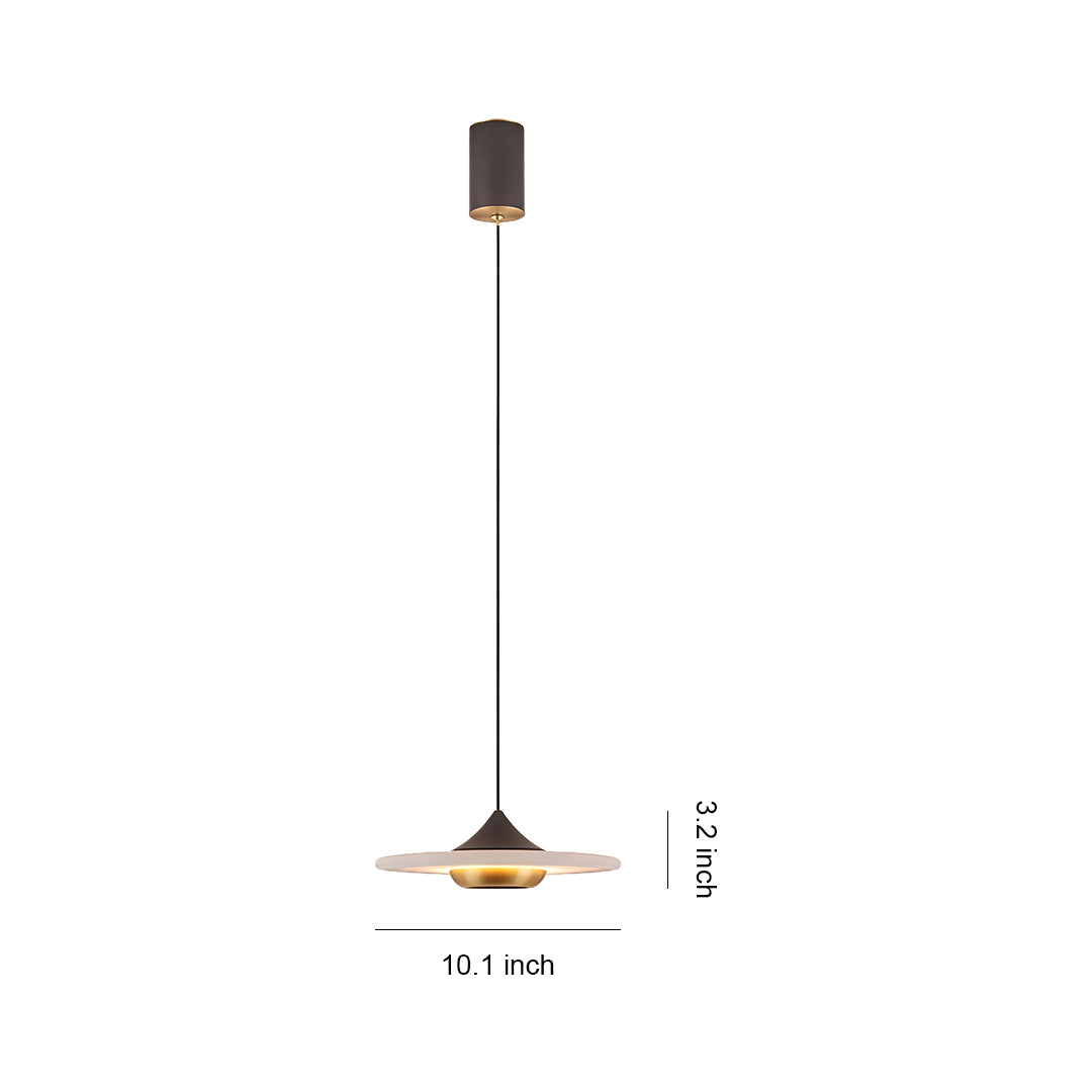 Modern LED pendant lights with glass shade chandelier inspired design in flat disc form with gold exterior and black interior reflector.