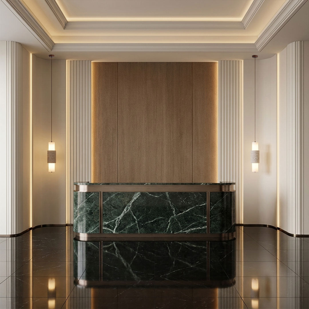 Modern LED pendant lights mounted in a refined interior with symmetrical warm accent lighting.