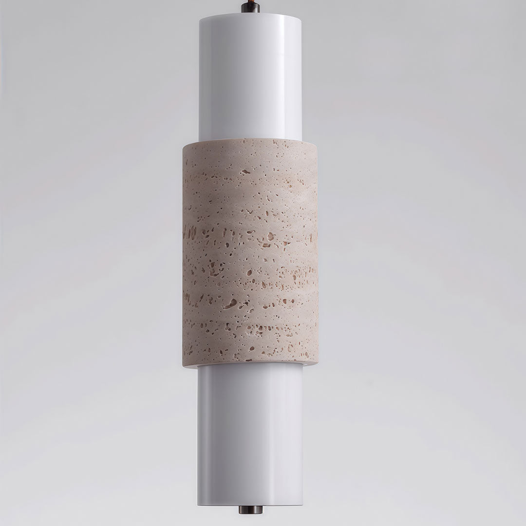 Modern LED pendant lights close-up showing the cylindrical diffuser and textured stone center.