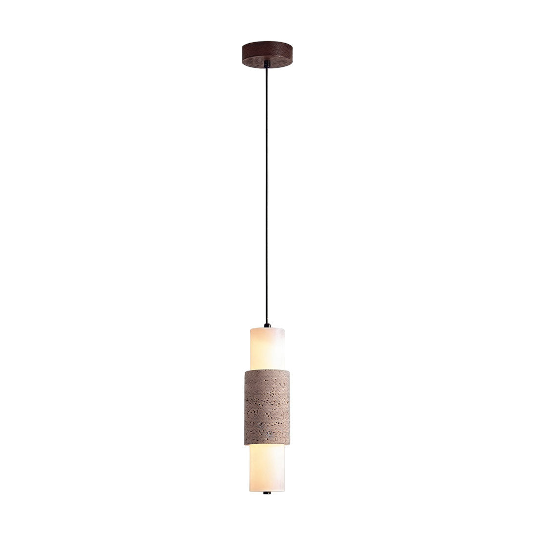 Modern LED pendant lights with a cylindrical stone center and warm glowing upper and lower diffusers.