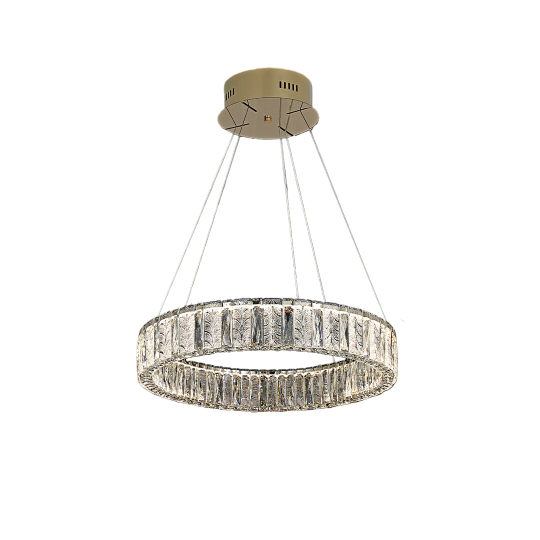 Modern LED ring chandelier with a sleek metallic frame and crystal details, perfect for contemporary interiors.