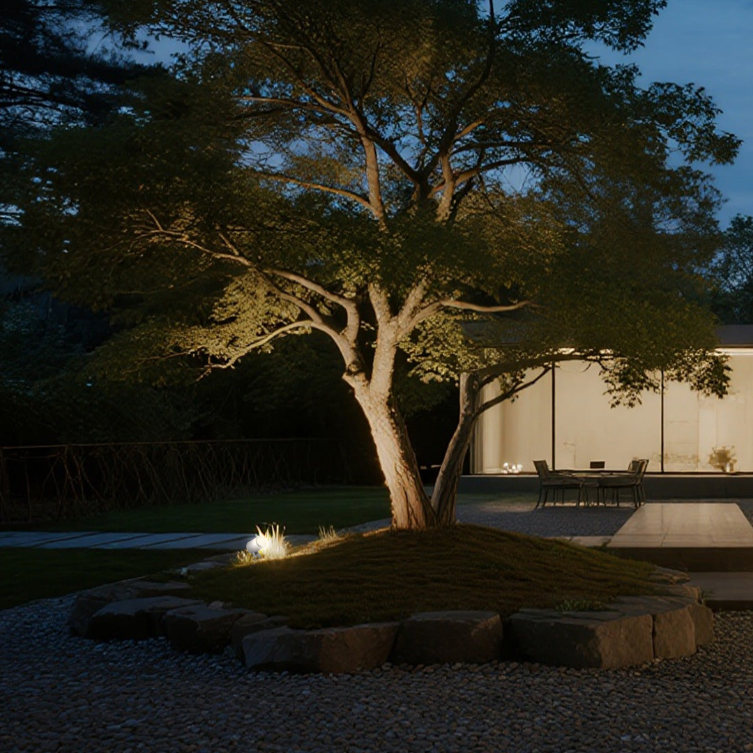 Modern LED spotlights outdoor providing elegant tree illumination in minimalist landscape design