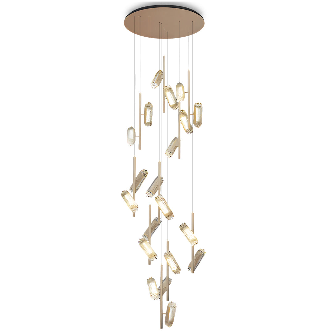 Modern led staircase chandelier featuring vertical drop design with scattered glass pendants in brass tone