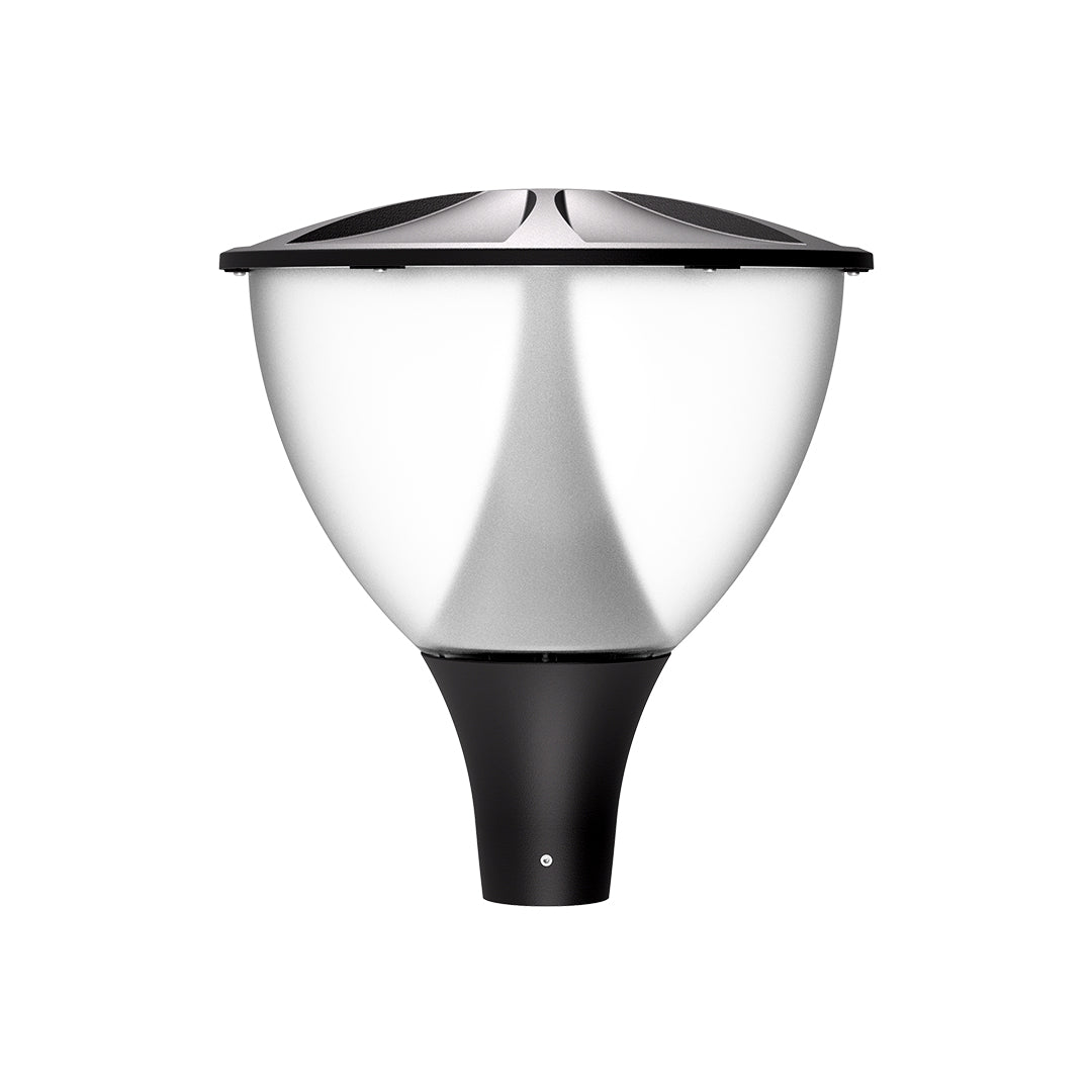 Modern LED street light head with acorn-style diffuser and energy-efficient housing design