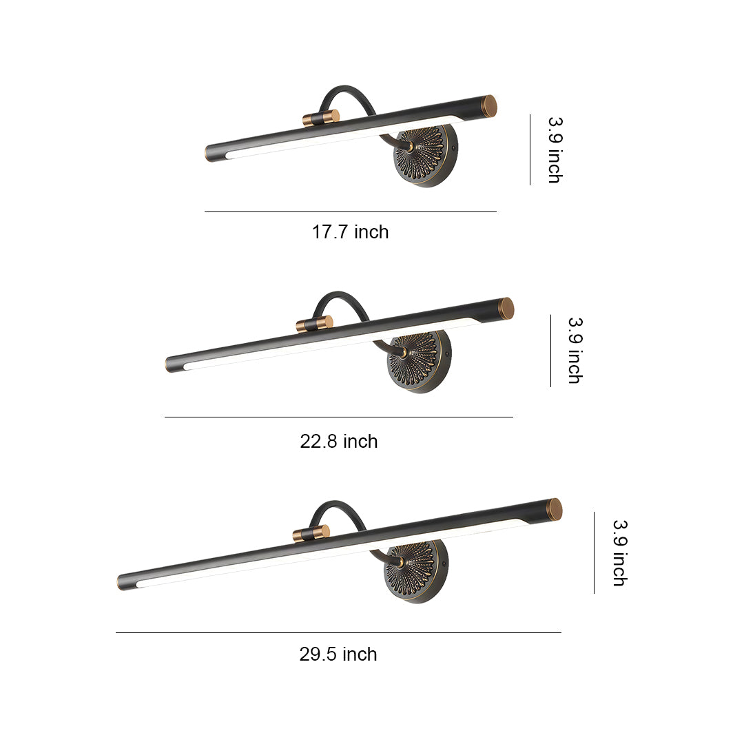 Modern LED vanity bathroom lights with a vintage brass finish and adjustable wall-mounted design