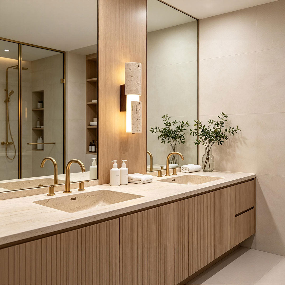 Modern LED wall lights mounted above a bathroom vanity with warm decorative illumination.