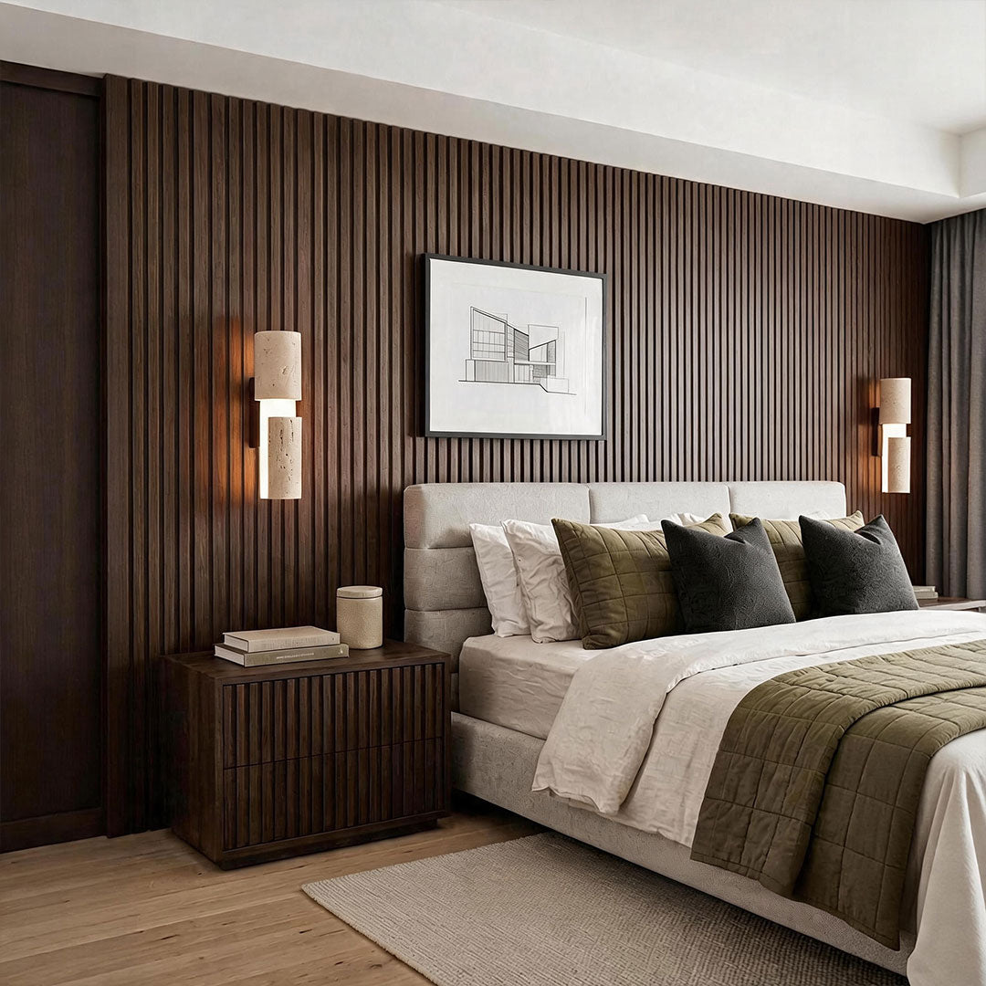 Modern LED wall lights mounted on a dark wood bedroom wall for balanced bedside lighting.
