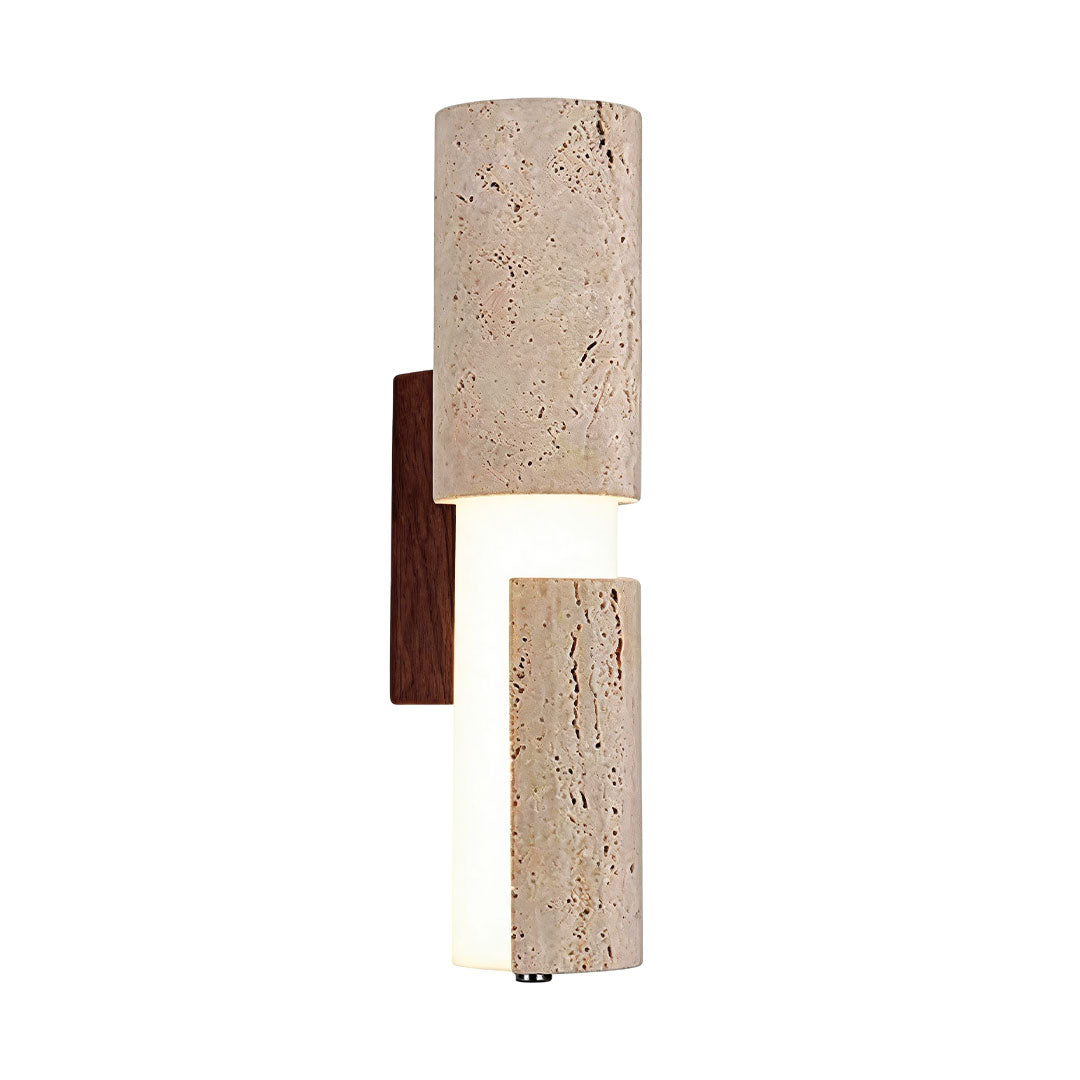 Modern LED wall lights with textured stone shades, dark wood backing, and a glowing central diffuser.
