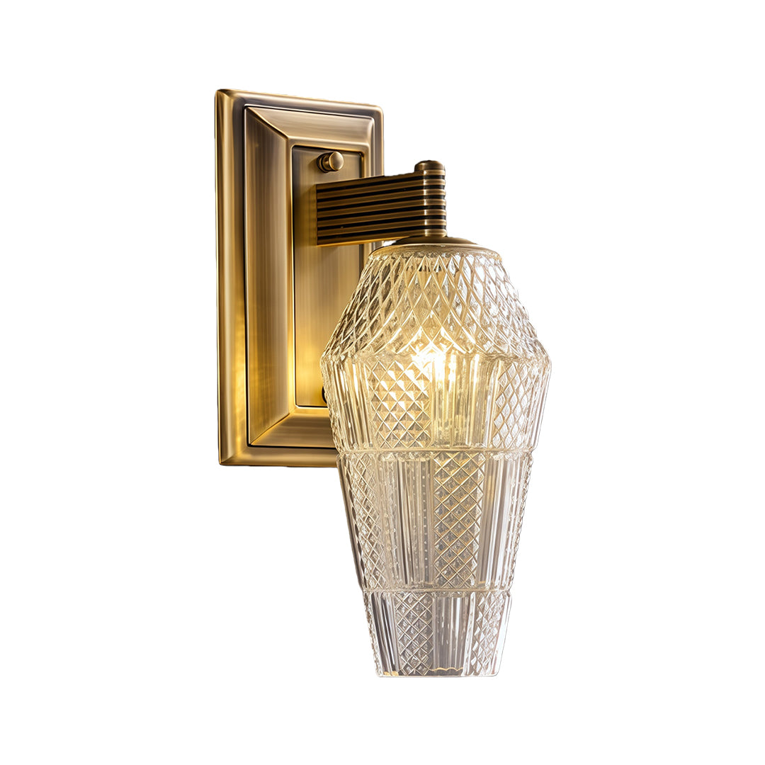 Modern LED wall sconce lights with glass shade chandelier aesthetic in vintage brass finish with faceted glass droplet shade.