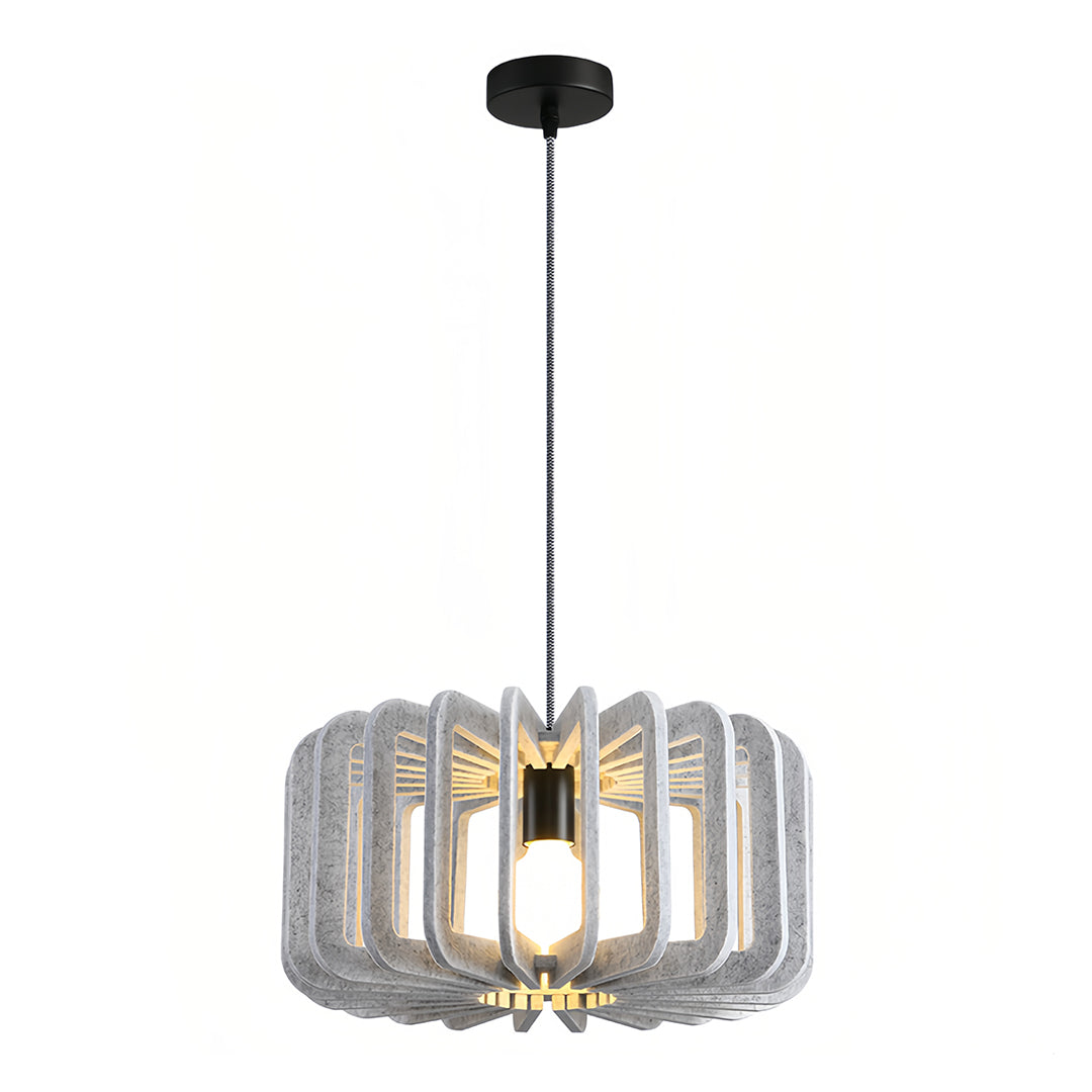 Modern light gray Nordic pendant lights with felt slat shade and warm exposed bulb.