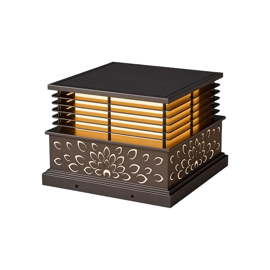 Modern light pillar for home with a layered design and warm yellow illumination.