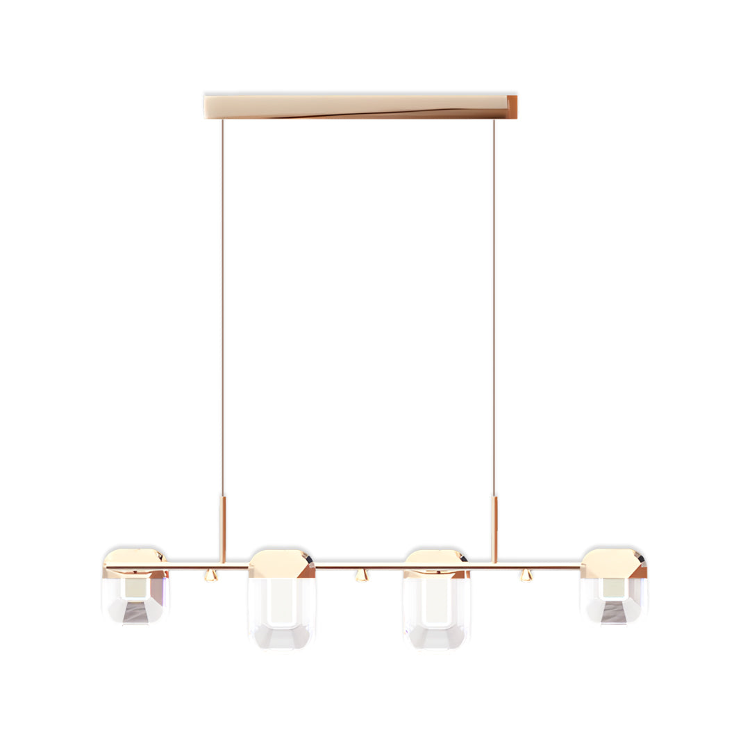 Modern linear italian crystal chandelier with horizontal bar design and rectangular crystal glass shades in gold