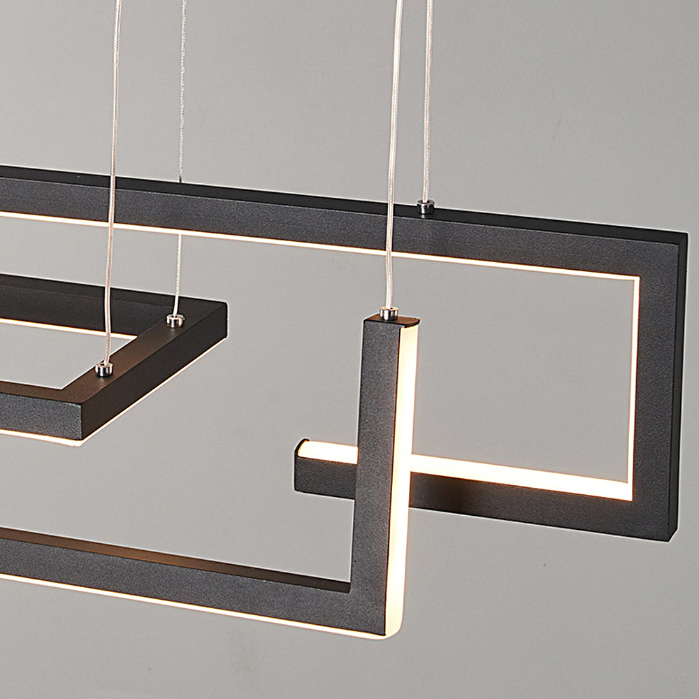 Modern linear LED chandelier in black, front view of the minimalist design.