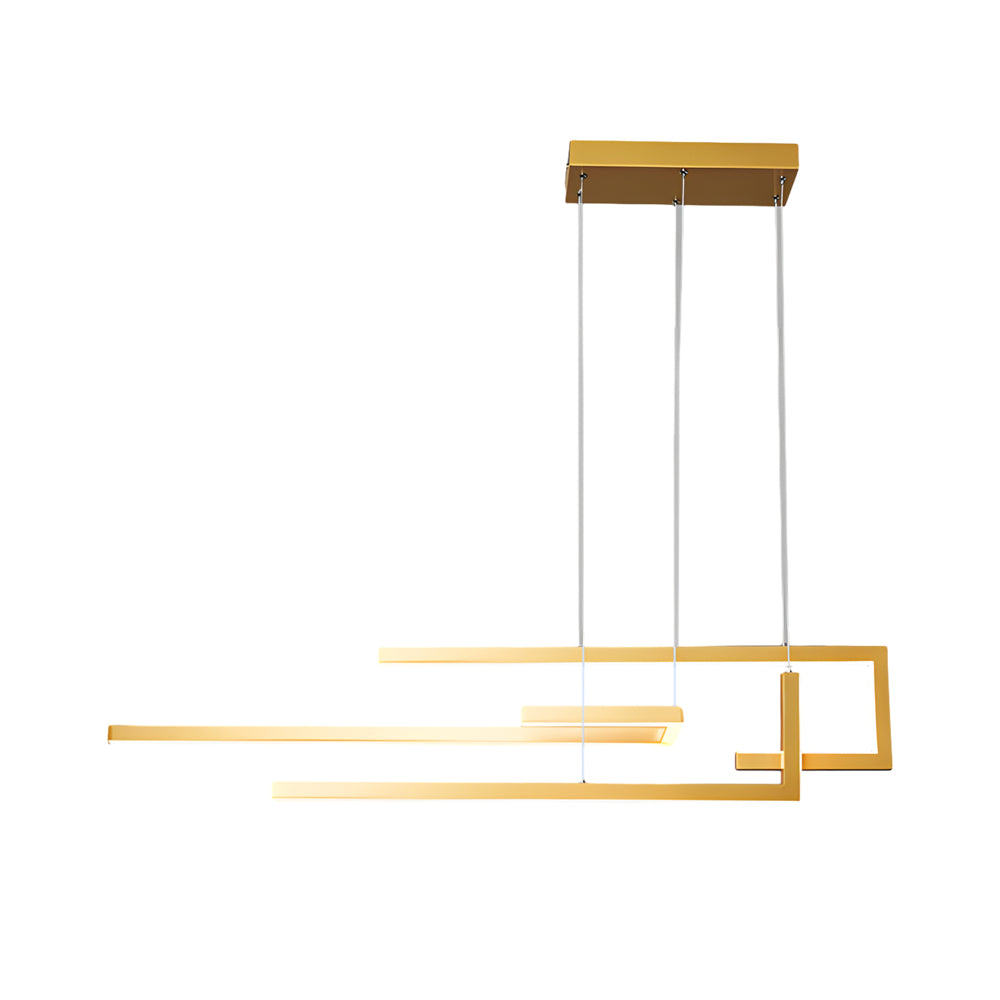 Modern linear LED chandelier dimensions, front view with size specifications.