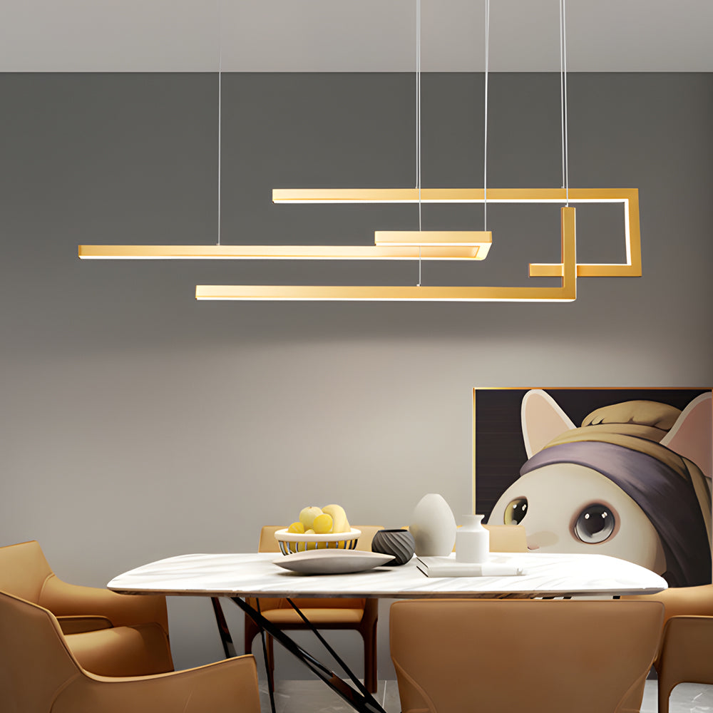 Modern linear LED chandelier casting a gentle glow in a modern dining room.