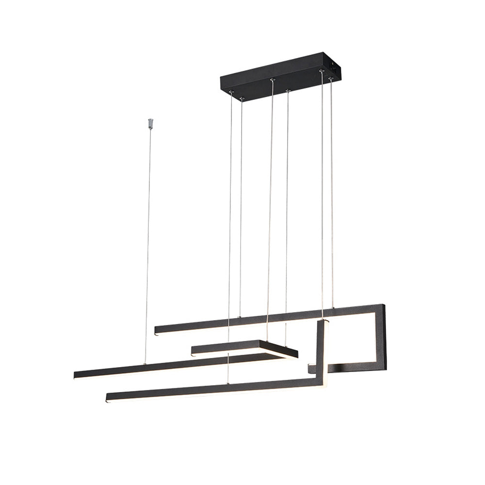 Modern linear LED chandelier in gold, side view of the sleek design.