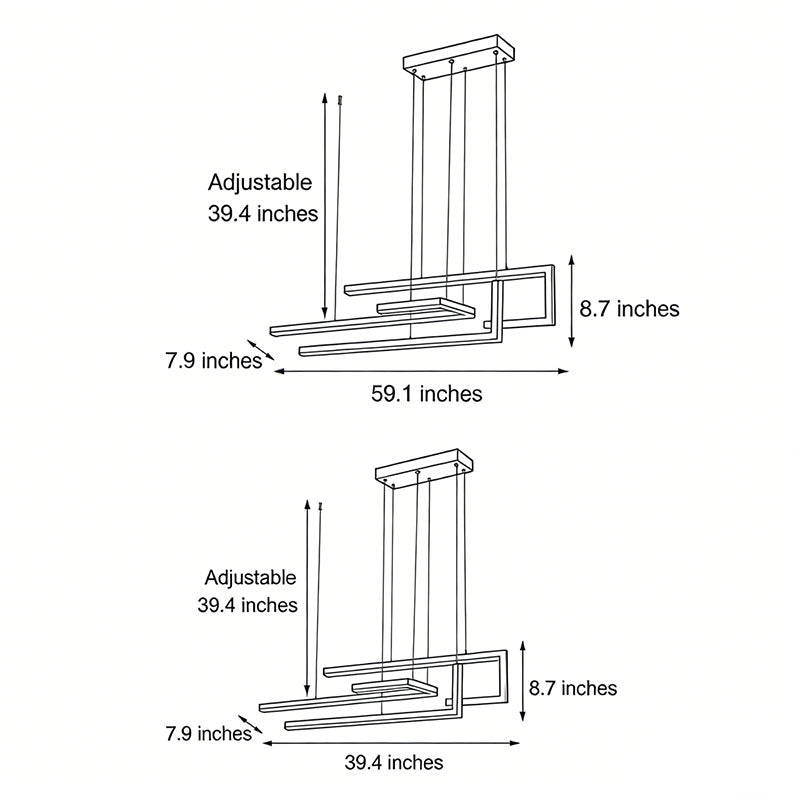 Line drawing of modern linear LED chandelier dimensions, providing installation specifications.