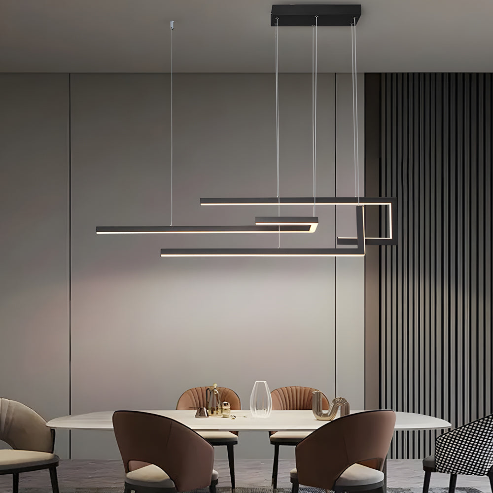Modern linear LED chandelier enhancing a minimalist dining area with geometric design.