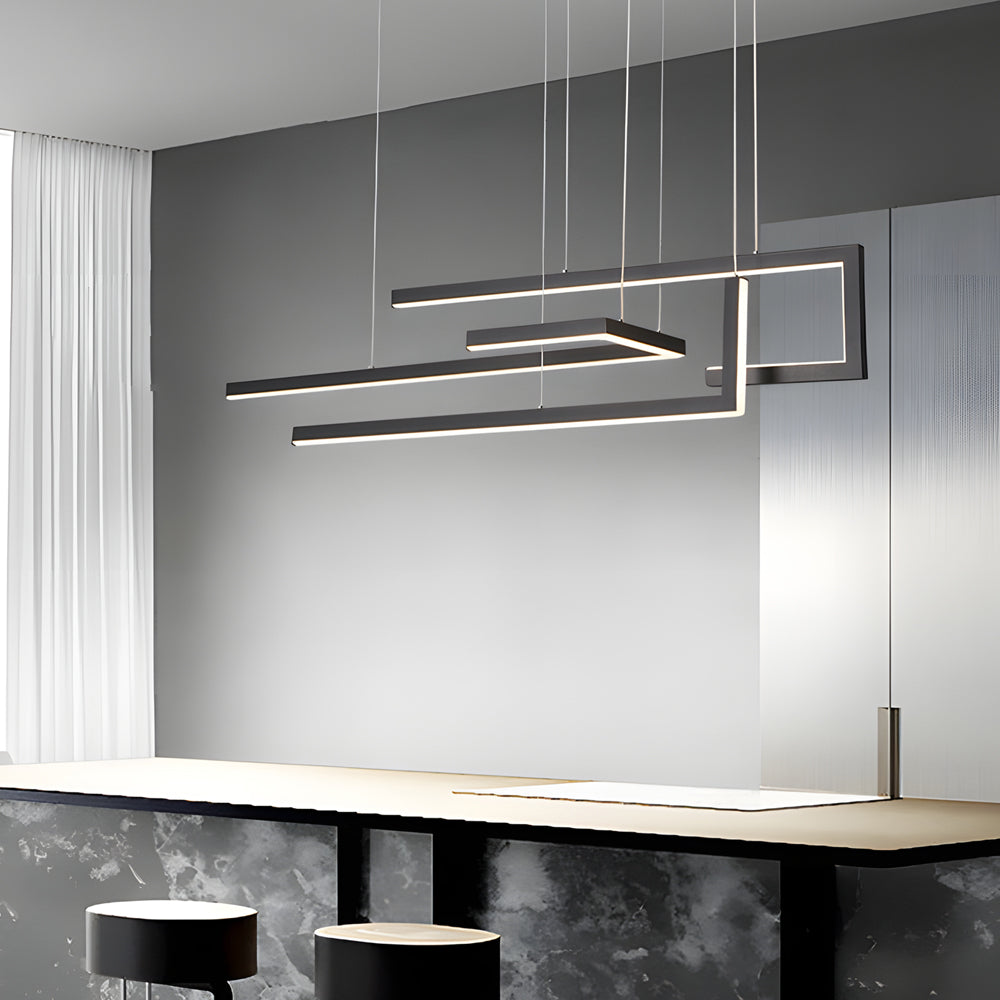 Modern linear LED chandelier illuminating a stylish dining table with elegant light.