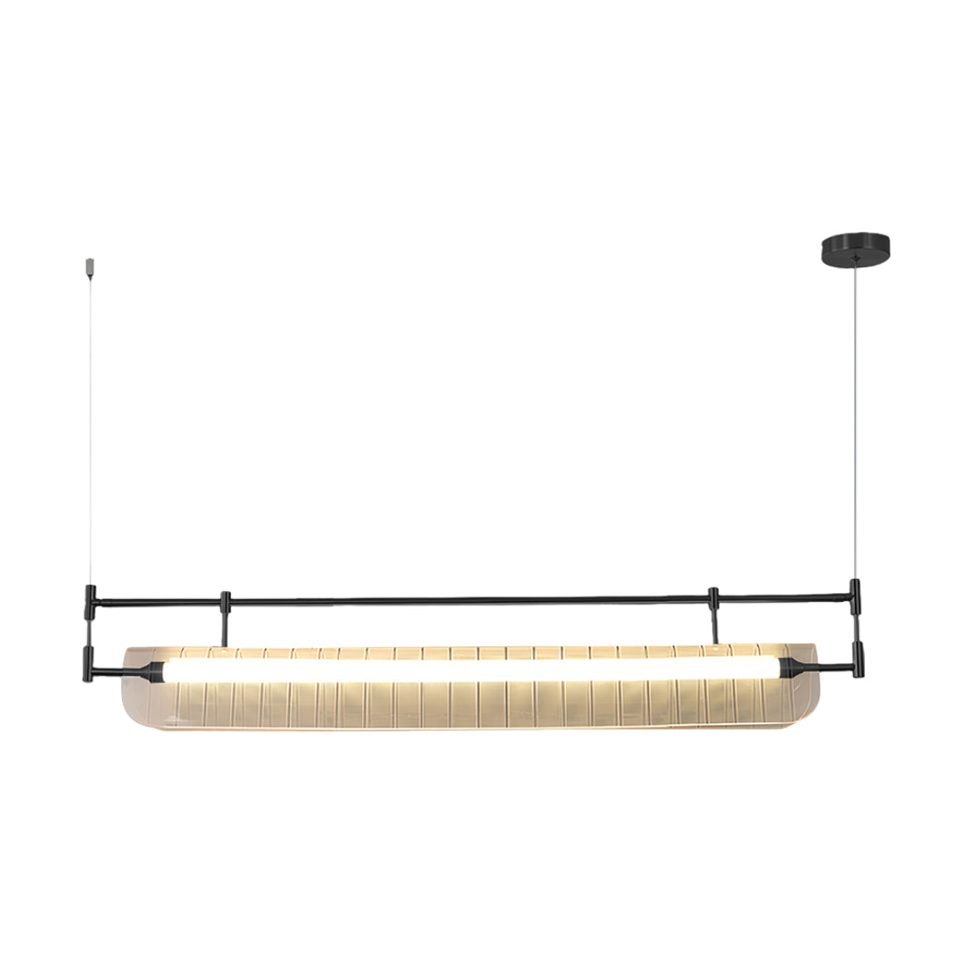 Modern linear light pendant in matte black with corrugated glass diffuser and clean lines