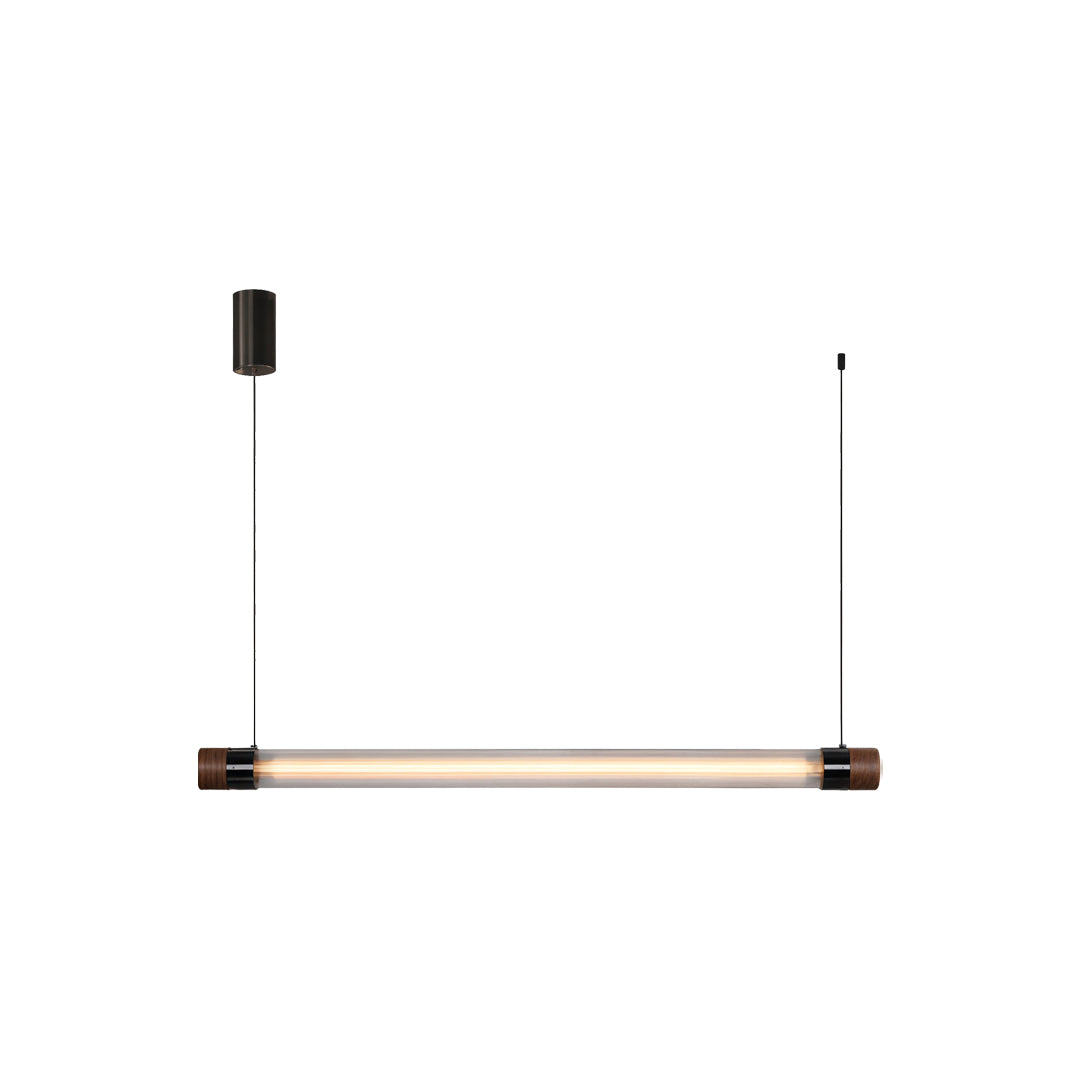 Modern linear pendant lighting in a compact size configuration with adjustable hanging cable system.