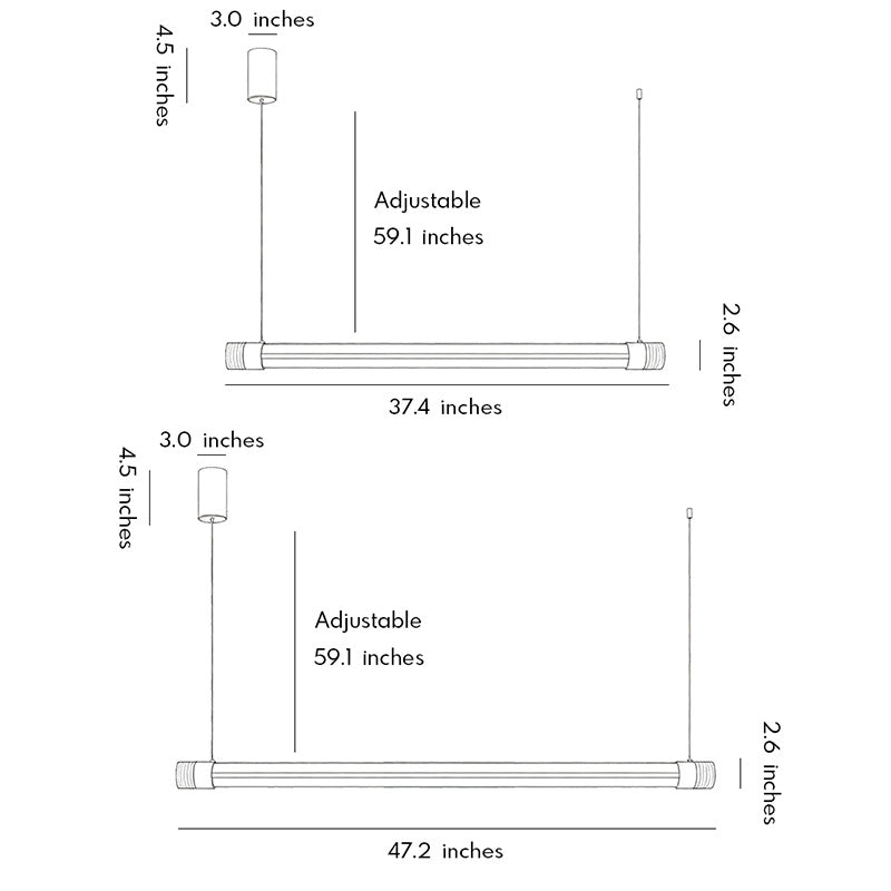 Modern linear pendant lighting technical drawing with adjustable suspension lengths and fixture dimensions.
