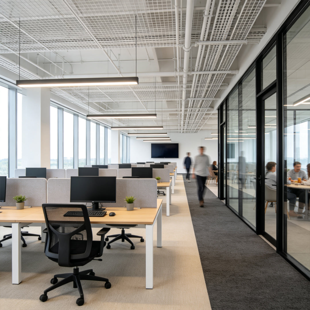 Modern linear suspension light creating clean illumination in an open office corridor.