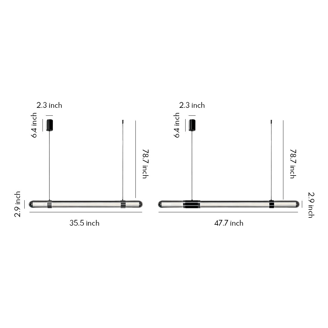 Technical diagram of a modern linear suspension lighting fixture showing detailed sizing and structure.