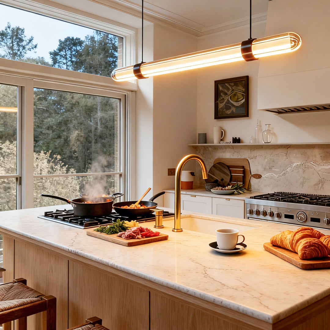 Modern linear suspension lighting installed over a kitchen island with warm ambient glow.