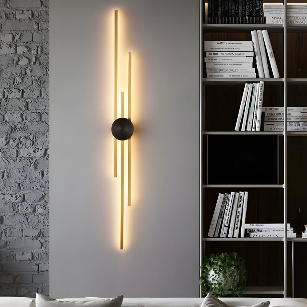 Elegant modern linear wall sconce with sleek gold and black finishes, offering stylish ambient lighting for contemporary interiors.