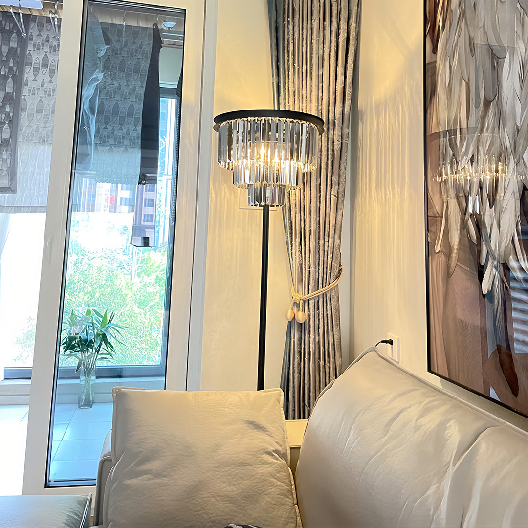 Floor crystal lamp in a modern living room, chic lighting near a window area