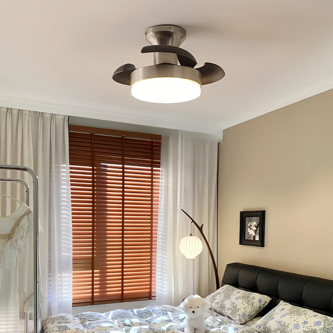 Silver ceiling fan with light in a modern living room, elegant and functional indoor lighting