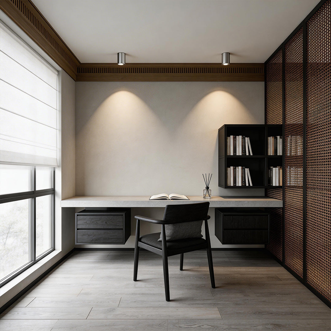 Modern living room with surface mount can lights adding a sleek touch to the space.