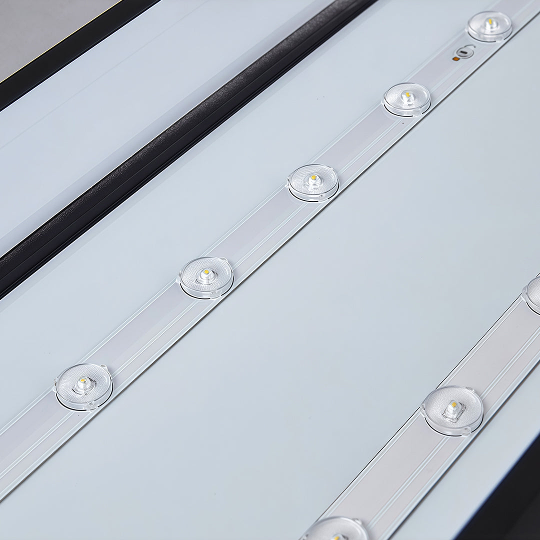 Close-up view of a modern long rectangular chandelier, showcasing its high-quality construction and design.
