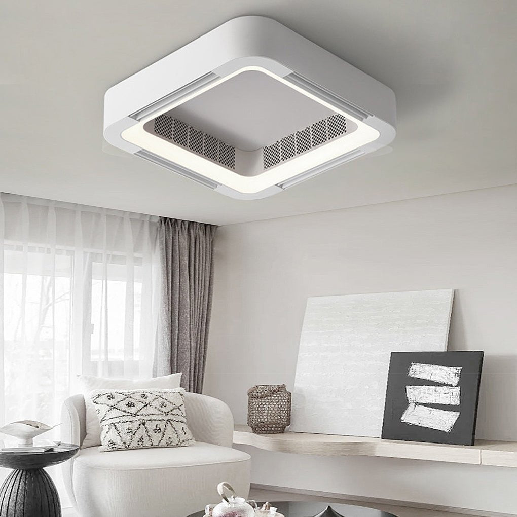 Low profile bladeless ceiling fan with light, installed in modern living room for seamless and stylish illumination.