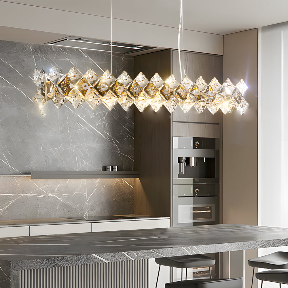 Modern luxury crystal room dining chandeliers with a close-up of the crystal and gold details.